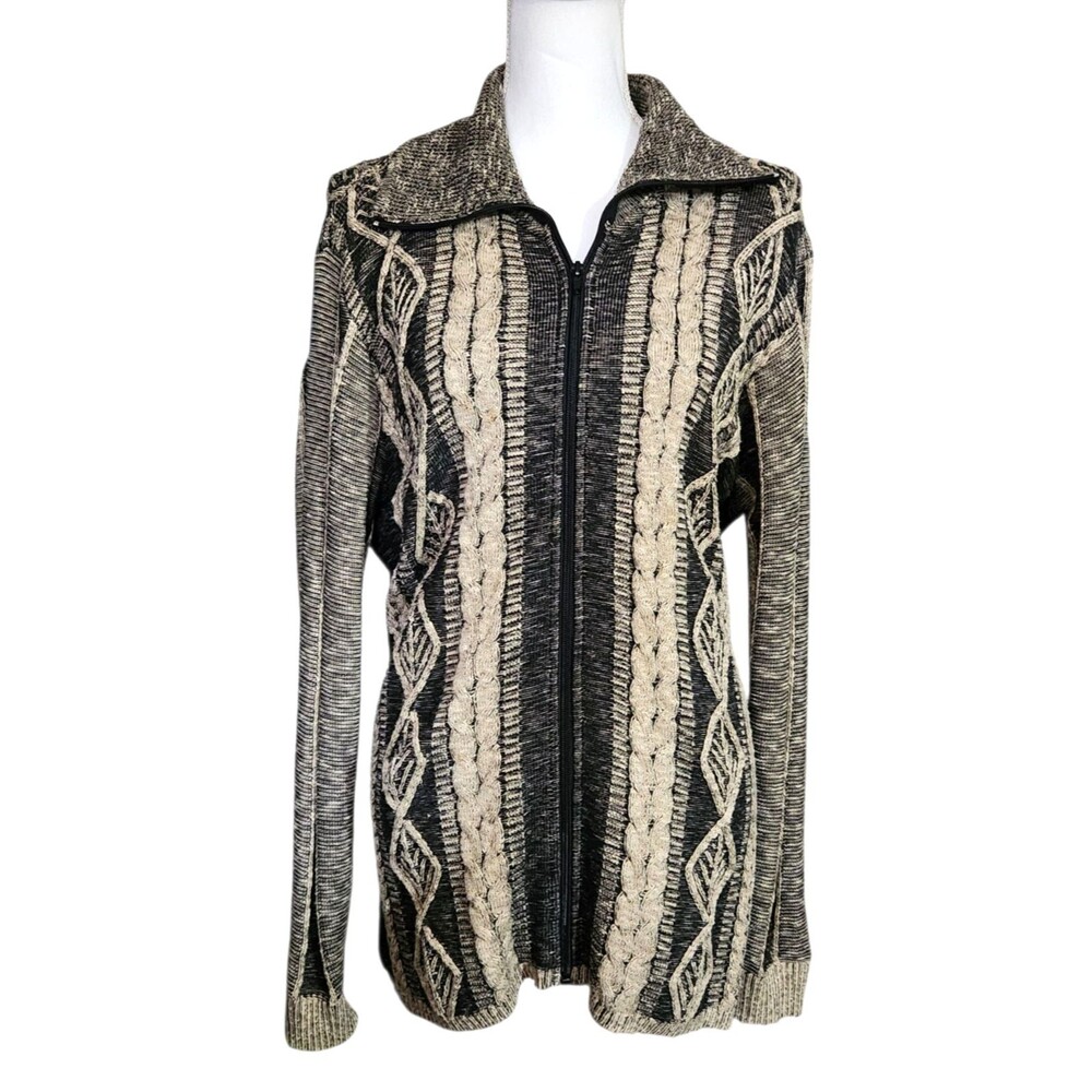 Linda Lundstrom Sweater Zip Front Black Tan Leaf Pattern Womens Size 14-16